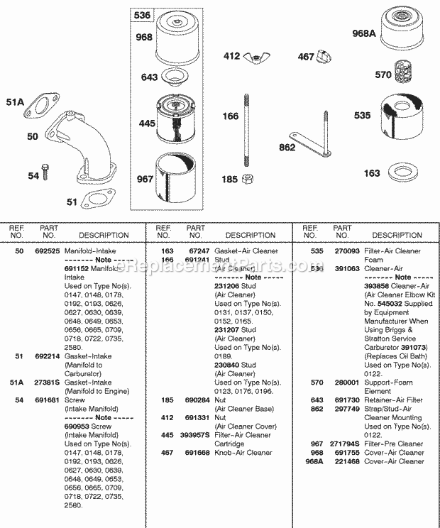 Briggs and Stratton 243431-0130-99 Engine Intake Manifold Air Cleaner Diagram