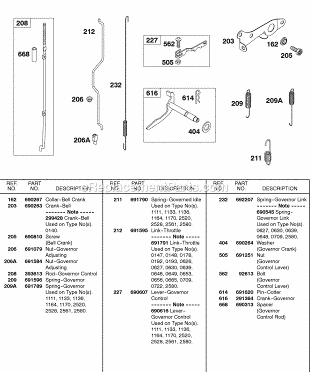 Briggs and Stratton 243431-0131-99 Engine Governor Spring Bell Crank Control Levers Diagram