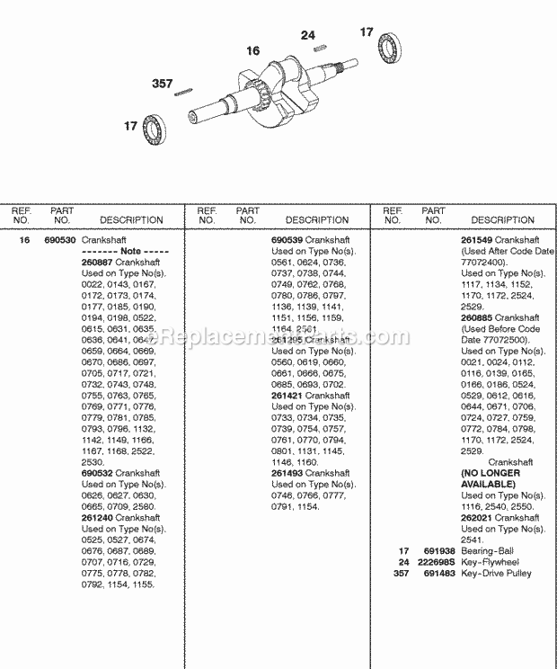 Briggs and Stratton 243431-0157-99 Engine Crankshaft Diagram