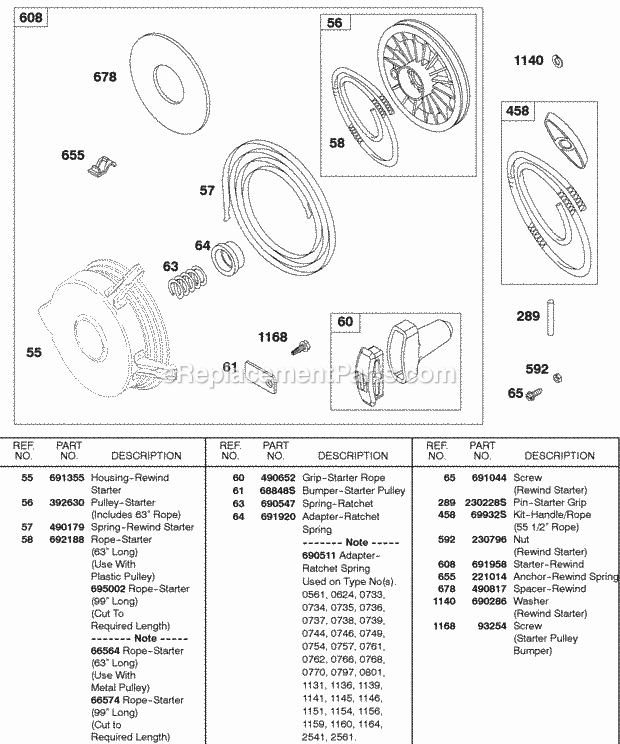 Briggs and Stratton 243431-0164-99 Engine Rewind Starter Diagram
