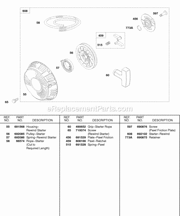 Briggs and Stratton 245437-0080-01 Engine Rewind Starter Diagram
