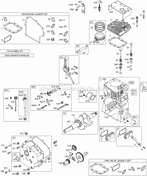 Briggs and Stratton 250417-1003-E1 Engine Cam Crankcase CoverSump Crankshaft Cylinder HeadValves KitsGasket Sets - Engine KitsGasket Sets - Valves Oil Piston Diagram