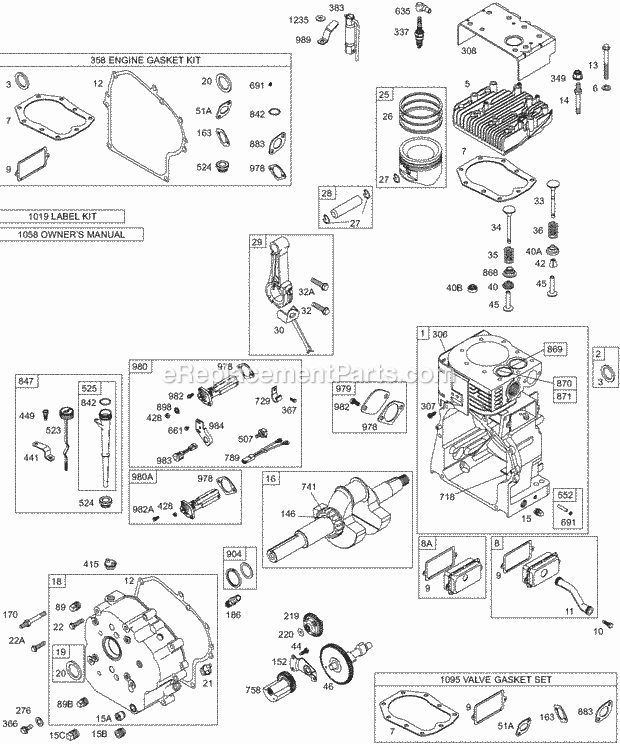 Briggs and Stratton 256412-0111-01 Engine Cam Crankcase CoverSump Crankshaft Cylinder HeadValves KitsGasket Sets - Engine KitsGasket Sets - Valves Oil Piston Diagram