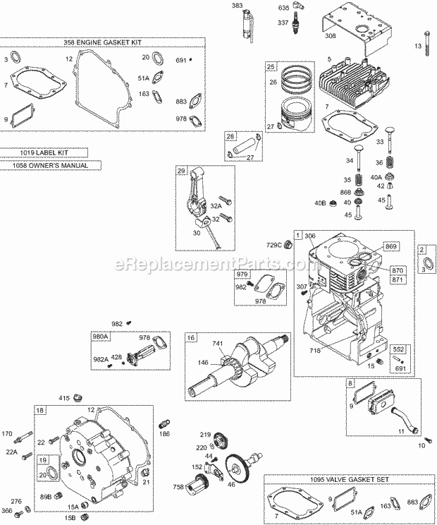 Briggs and Stratton 257412-0100-E1 Engine Cam Crankcase CoverSump Crankshaft Cylinder HeadValves KitsGasket Sets - Engine KitsGasket Sets - Valves Oil Piston Diagram