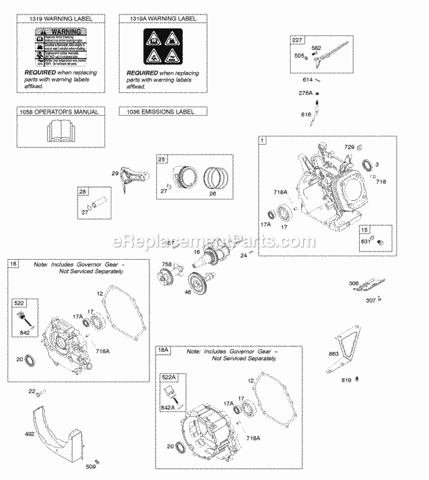 Briggs & Stratton 25T237-0002-H1 Engine Camshaft Crankcase Cover Crankshaft Cylinder Exhaust Bracket OperatorS Manual PistonRingsConnecting Rod Warning Label Diagram