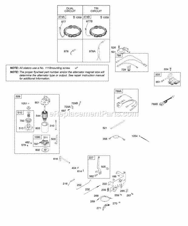 Briggs and Stratton 283H07-0399-E1 Engine Alternator Controls Electric Starter Ignition Spring-Governor Diagram