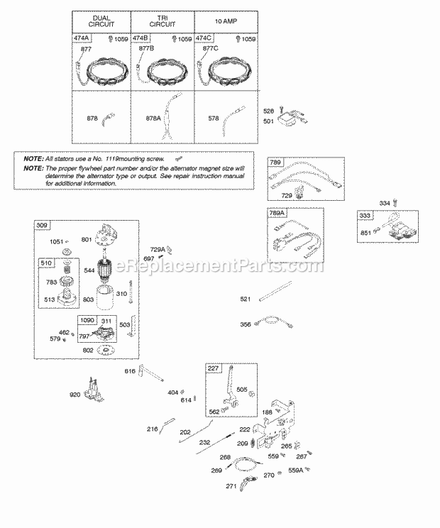 Briggs and Stratton 285H07-0126-E1 Engine Alternator Controls Electric Starter Governor Spring Ignition Diagram