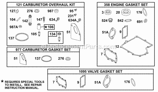 Briggs and Stratton 288702-1107-E1 Engine KitsGasket Sets Diagram