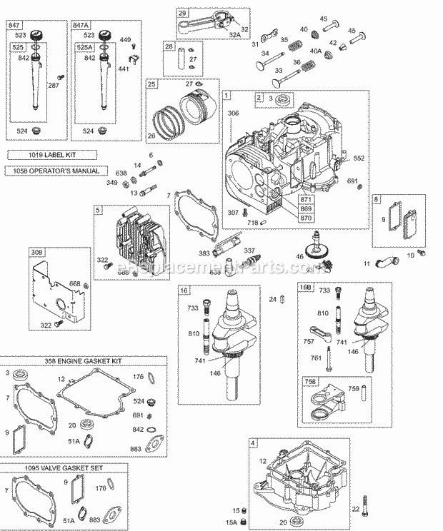 Briggs and Stratton 289702-1151-E1 Engine Cylinder Oil Crankshaft Sump Cam Piston Gaskets Diagram