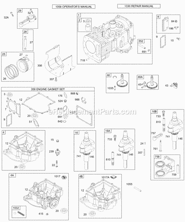 Briggs & Stratton 28N777-1194-E1 Engine Crankcase CoverSump Crankshaft Cylinder PistonRings Connecting Rod Diagram