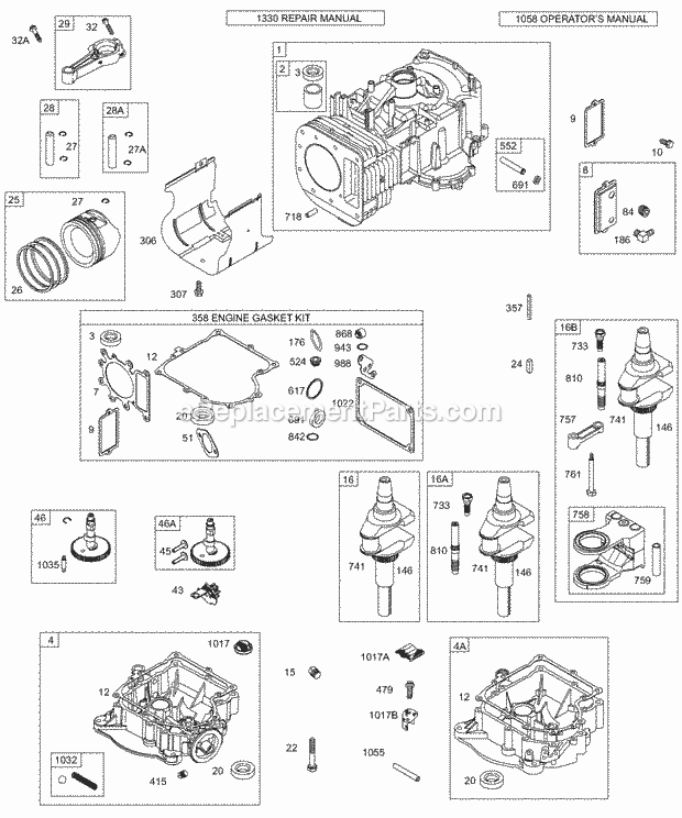 Briggs and Stratton 28Q777-0164-01 Engine Crankshaft Sump Cylinder PistonRings Connecting Rod Diagram