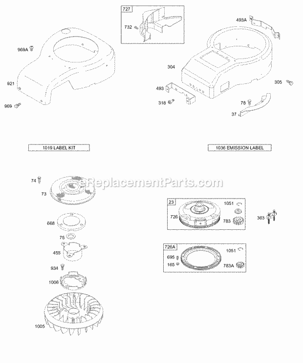 Briggs and Stratton 28W707-0121-E1 Engine Blower Housings Label Kits Flywheel Rotating Screen Diagram