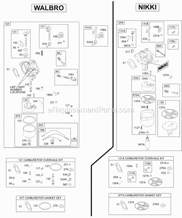 Briggs and Stratton 28W707-0121-E1 Engine Carburetors Diagram