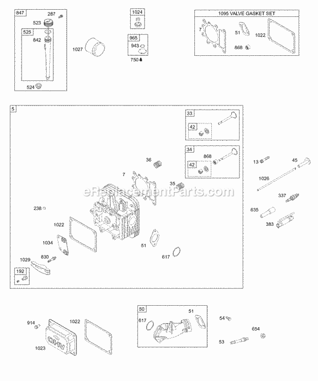 Briggs and Stratton 28W707-0121-E1 Engine Cylinder Head Group Intake Manifold Oil Group Valve Gasket Kit Diagram