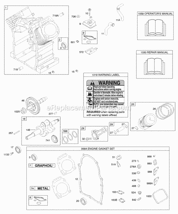 Briggs and Stratton 294447-0327-01 Engine Cylinder PistonRingsConnecting Rod Engine Gasket Set Diagram
