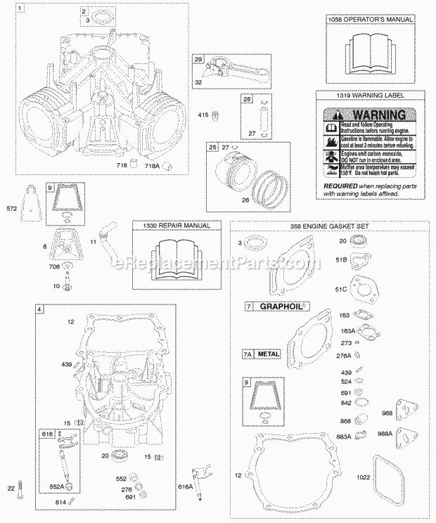 Briggs and Stratton 294772-1138-E1 Engine Cylinder Crankcase CoverSump Engine Gasket Set Piston Rings Connecting Rod Diagram