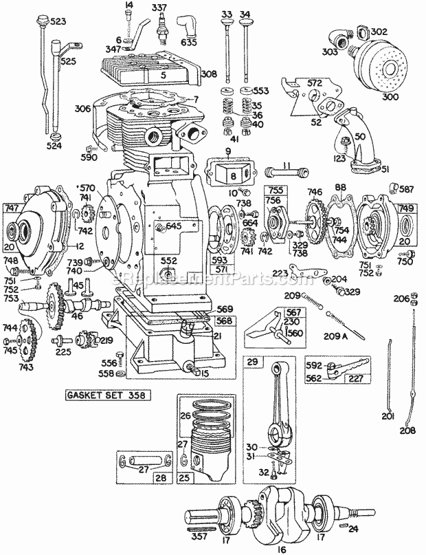 Briggs and Stratton 300421-0138-99 Engine Cyl Piston Muffler Crnkcse Diagram