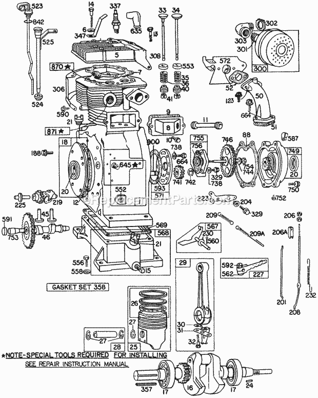 Briggs and Stratton 302432-0142-99 Engine CylinderPistonGearsOil Diagram