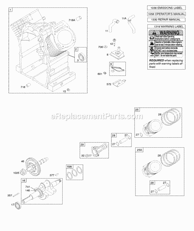 Briggs and Stratton 303442-1238-E9 Engine Camshaft, Crankshaft, Cylinder, Piston, Rings, Connecting Rod Diagram