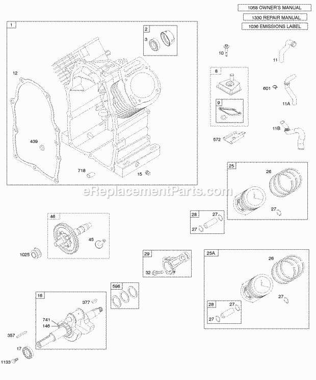 Briggs and Stratton 305442-0027-E9 Engine Camshaft Crankshaft Cylinder PistonRingsConnecting Rod Diagram