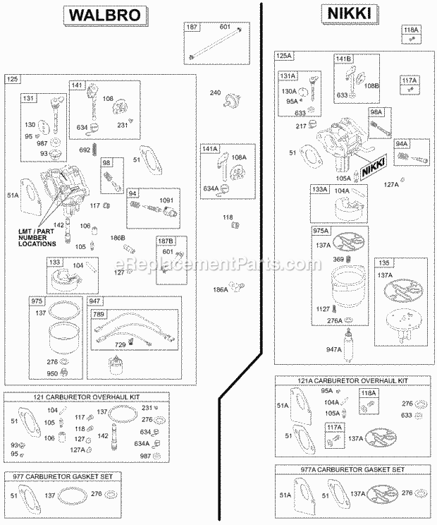 Briggs and Stratton 310707-0113-E1 Engine Carburetor Overhaul Kits Diagram
