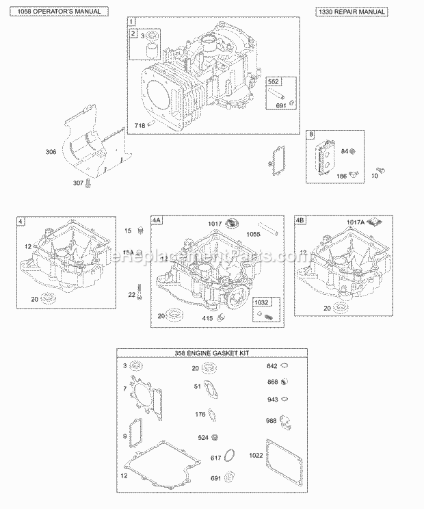Briggs and Stratton 310707-0113-E1 Engine Cylinder Sump Breather Gasket Set Diagram