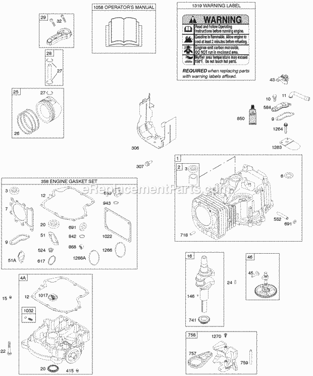 Briggs and Stratton 31P877-0118-E2 Engine Camshaft Crankshaft Cylinder Engine Sump Gasket Set - Engine OperatorS Manual Pistons Rings Connecting Rod Warning Label Diagram