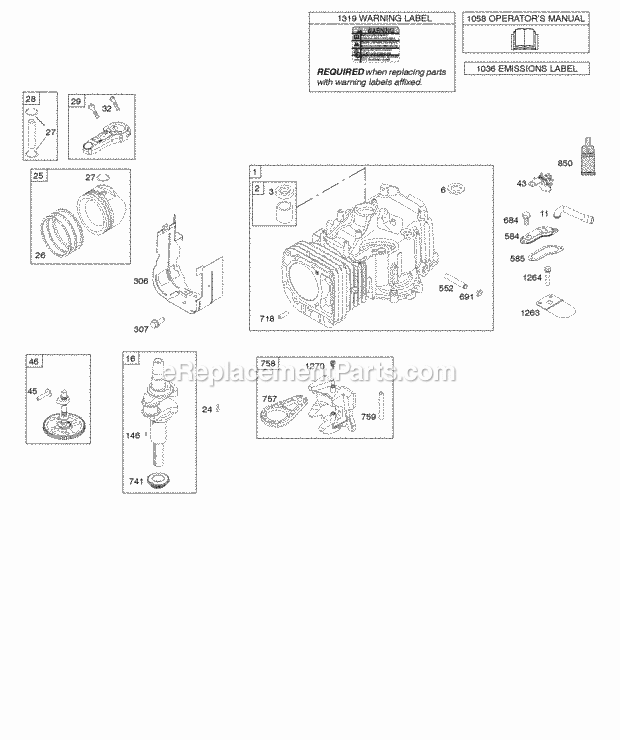 Briggs and Stratton 31Q777-0110-E1 Engine Camshaft Crankshaft Cylinder Piston Rings Connecting Rod Diagram