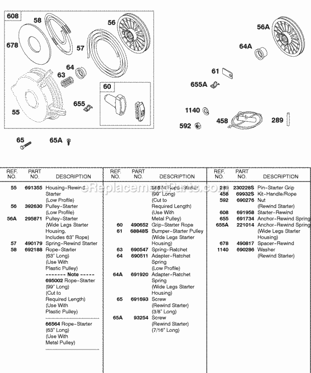 Briggs & Stratton 326431-0138-99 Engine Rewind Starter Rope Diagram