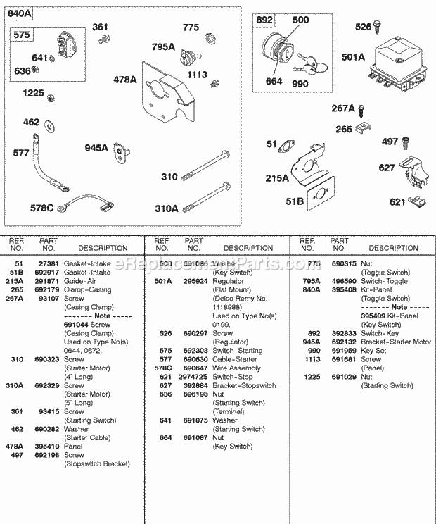 Briggs and Stratton 326431-0248-99 Engine Panel Kit Regulator Key Switch Diagram