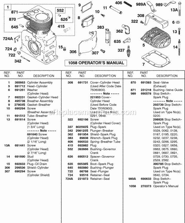 Briggs & Stratton 326431-2522-03 Engine Cylinder Head Spark Plug Diagram