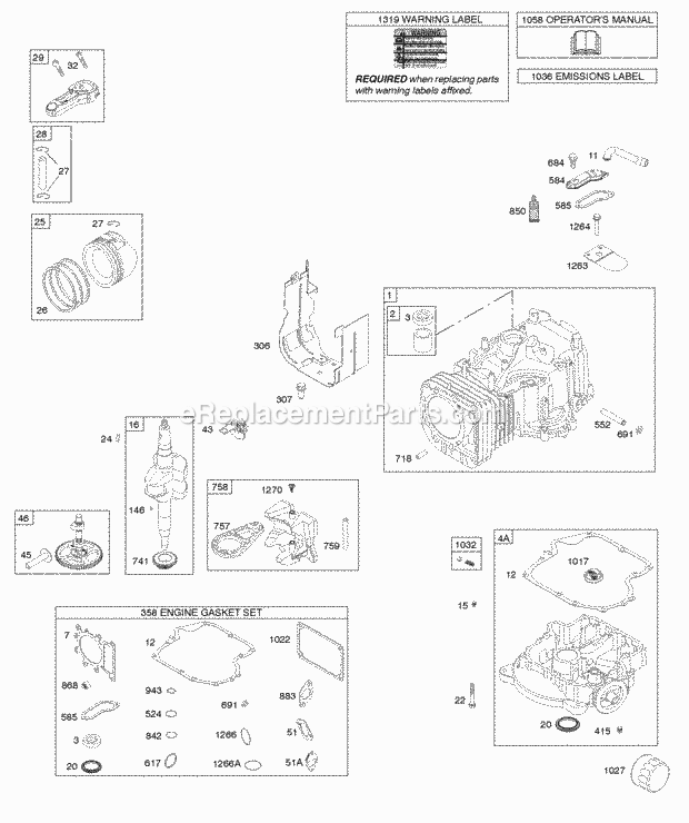 Briggs and Stratton 33M777-0036-G1 Engine Camshaft Crankshaft Cylinder Engine Sump Gasket Set-Engine OperatorS Manual Piston Rings And Connecting Rod Warning Label Diagram