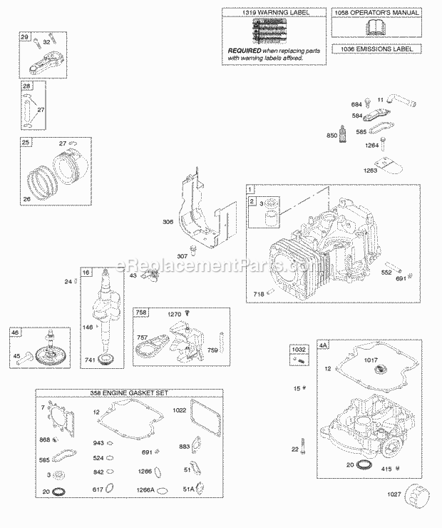 Briggs and Stratton 33M777-0111-E1 Engine Camshaft Crankshaft Cylinder Engine Sump Gasket Set-Engine OperatorS Manual Piston Rings And Connecting Rod Warning Label Diagram