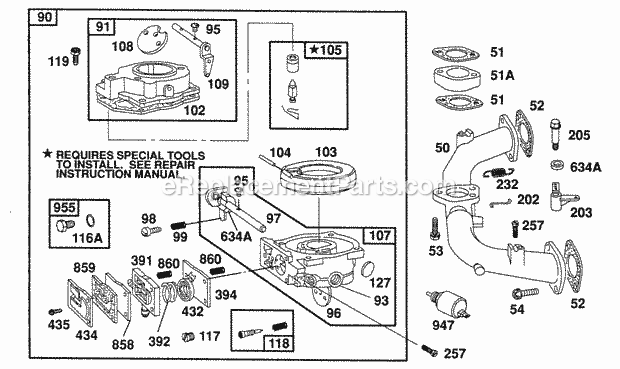 Briggs and Stratton 402707-1227-01 Engine Carburetor AssemblyManifold Diagram