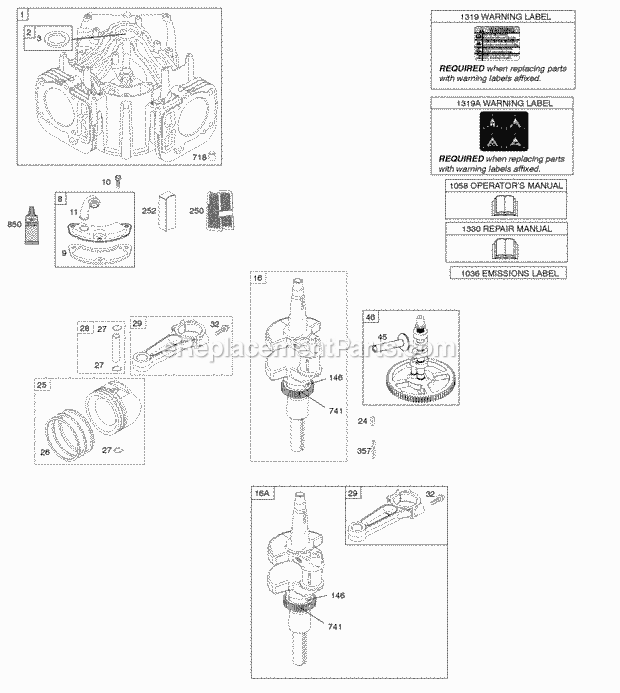 Briggs and Stratton 405577-0816-E1 Engine Camshaft Crankshaft Cylinder Piston Rings Connecting Rod Diagram
