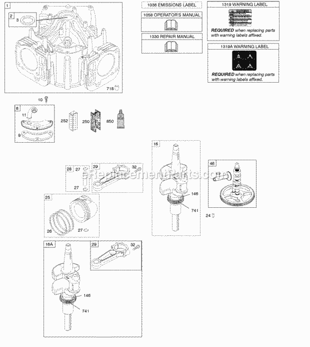 Briggs and Stratton 40H777-0122-G1 Engine Camshaft Crankshaft Cylinder Engine Sump Pistons Rings Connecting Rod Diagram