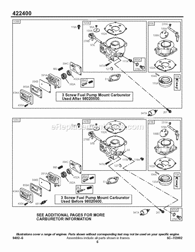 Briggs and Stratton 422432-1109-01 Engine Carburetor (3 Screw Mount) Diagram