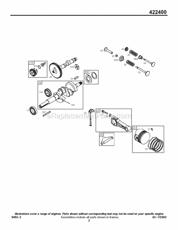 Briggs and Stratton 422432-1235-01 Engine Cam Crankshaft Piston Valves Diagram