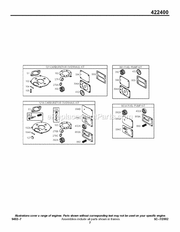 Briggs and Stratton 422432-1237-01 Engine KitGasket Sets - Carburetor KitGasket Sets - Fuel Pump Diagram