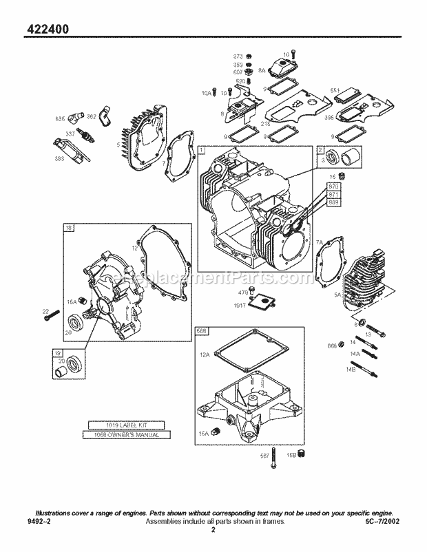 Briggs and Stratton 422437-1208-01 Engine Crankcase CoverSump CylinderHead Diagram