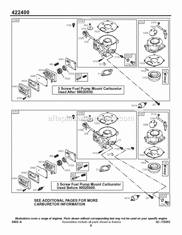 Briggs and Stratton 422447-1162-01 Engine Carburetor (3 Screw Mount) Diagram