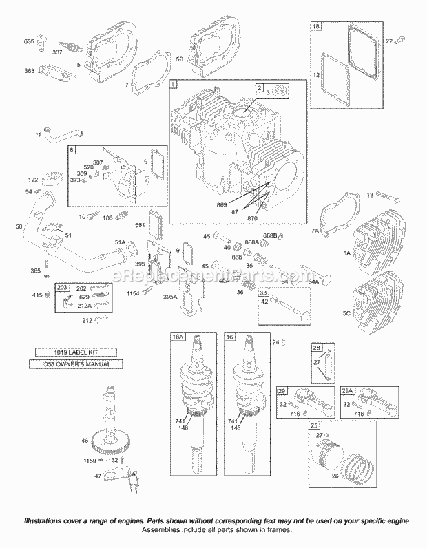 Briggs and Stratton 422707-0155-99 Engine Cams Crankcase Cover Crankshaft Cylinder Head Pistons Valves Diagram