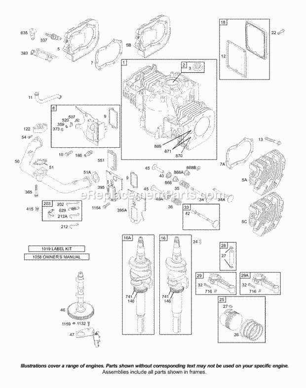 Briggs and Stratton 42A707-1293-99 Engine Cam Crankcase Cover Crankshaft Cylinder Head Pistons Valves Diagram