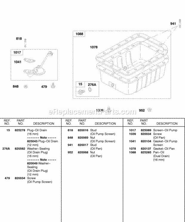 Briggs and Stratton 432447-0105-E1 Engine Oil Pan Oil Pump Screen Diagram