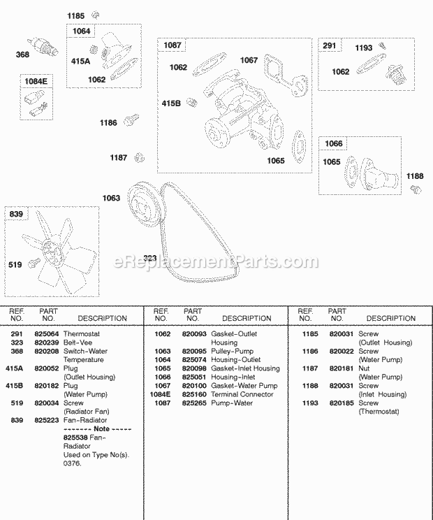 Briggs and Stratton 432447-0105-E2 Engine Fan Water Pump Thermostat Vee Belt Diagram