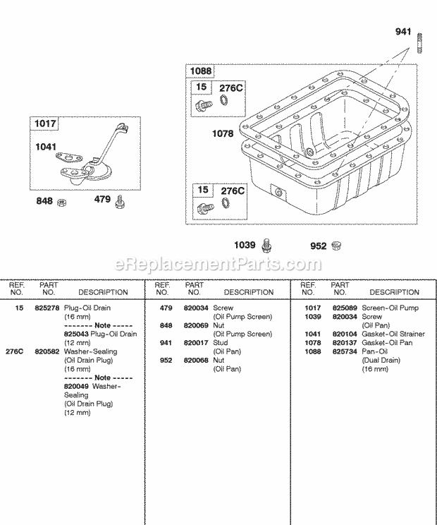 Briggs & Stratton 433447-0116-E2 Engine Oil Pan Oil Pump Screen Diagram