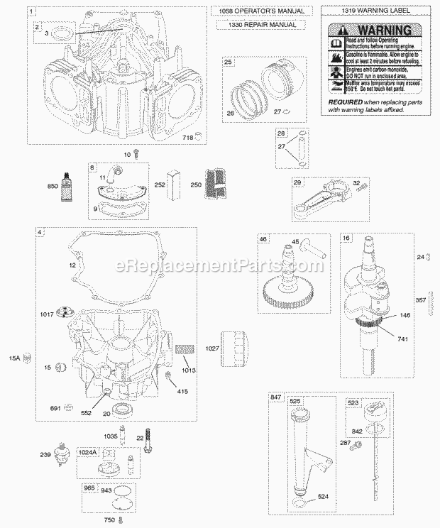 Briggs and Stratton 441677-0112-E1 Engine Camshaft Crankshaft Cylinder Engine Sump Lubrication Piston Rings Connecting Rod Diagram