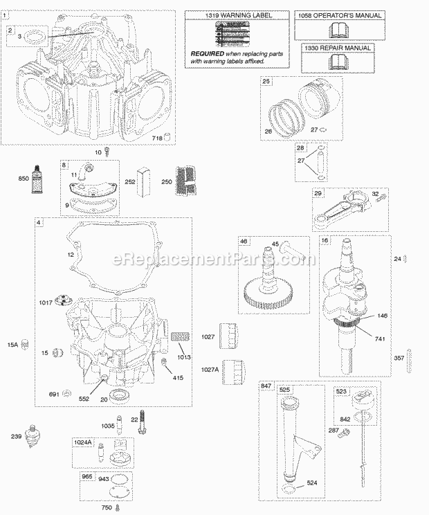 Briggs and Stratton 441777-0785-B1 Engine Camshaft Crankshaft Cylinder Engine Sump Lubrication Pistons Rings Connecting Rods Diagram