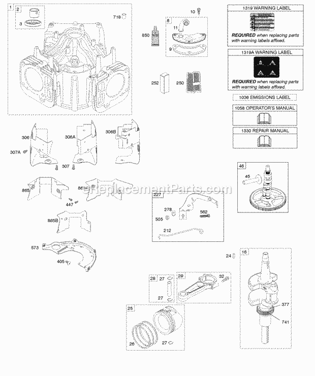 Briggs and Stratton 445677-0002-B1 Engine Cylinder Crankshaft Camshaft Air Guides PistonRingsConnecting Rod Diagram