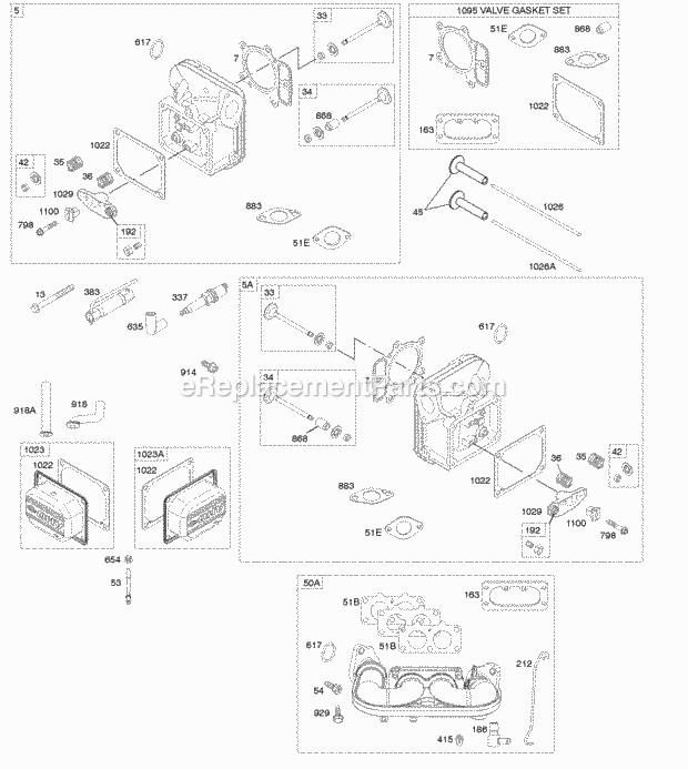 Briggs and Stratton 445877-0100-B1 Engine Cylinder Head Gasket Set-Valve Intake Manifold Valves Diagram